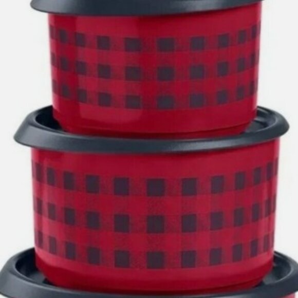 Tupperware 3 piece Black & Red Buffalo plaid Graduated canister Toppers Holidays - Picture 6 of 13